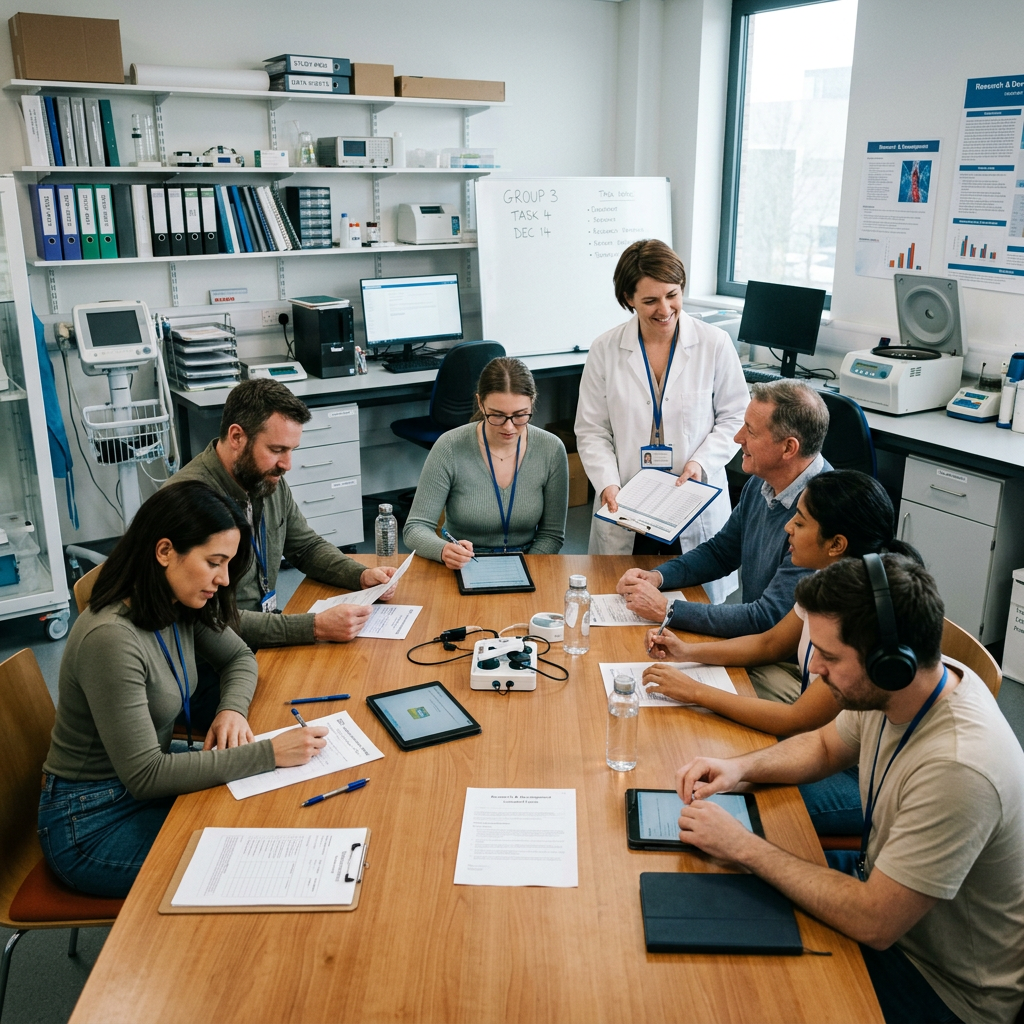 Researchers in lab coats and casual wear collaborating around a table with tablets and documents