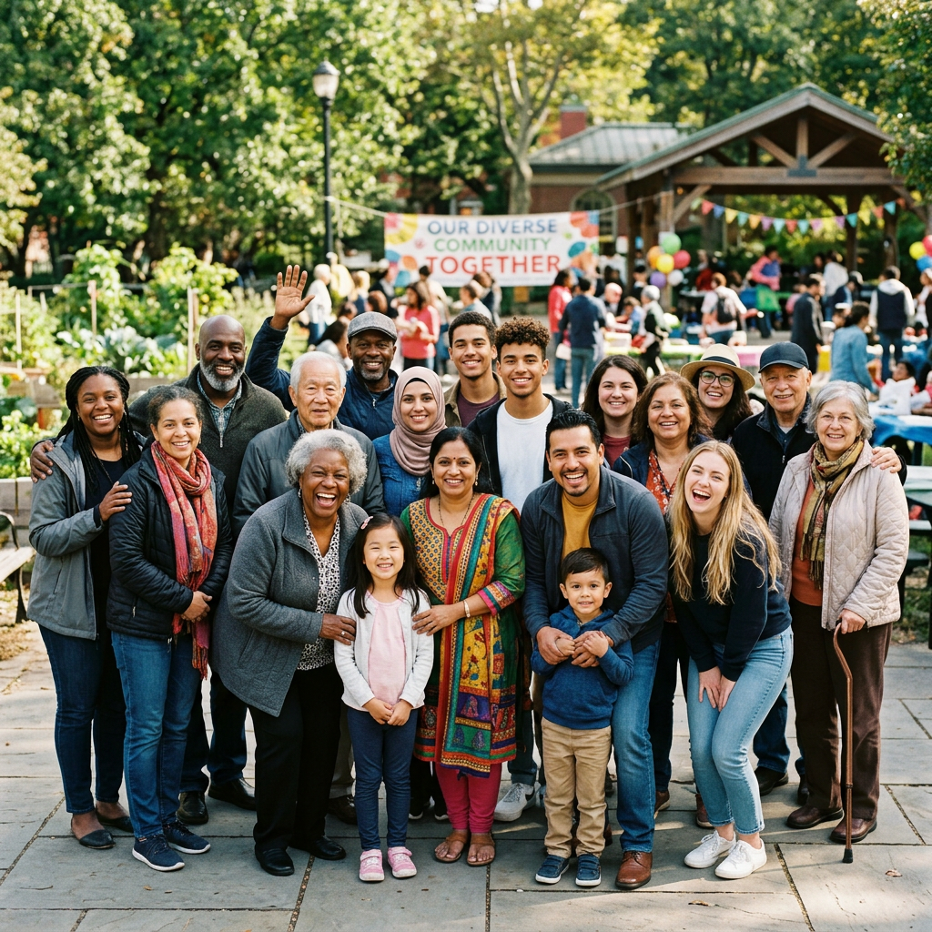 Group of diverse people of various ages posing happily in a park at a community event